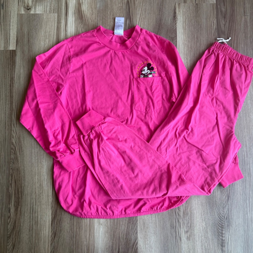 Vintage Mickey‎ & Co Disney Hot Pink Pajama Set Long Sleeve Pocket Tee Pants M